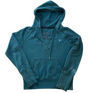 American Eagle Deep V Hoodie Sweatshirt Green Embroidered Sleeve NY 1977 Medium